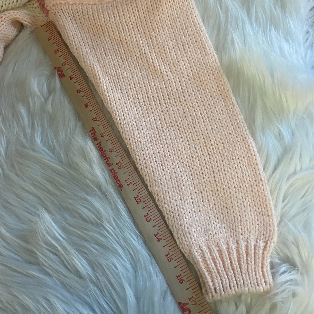 Bramble Lane Sz M Hand Knitted Cable Knit Sweater Coral w/ Green & Rust Accents - Picture 11 of 13